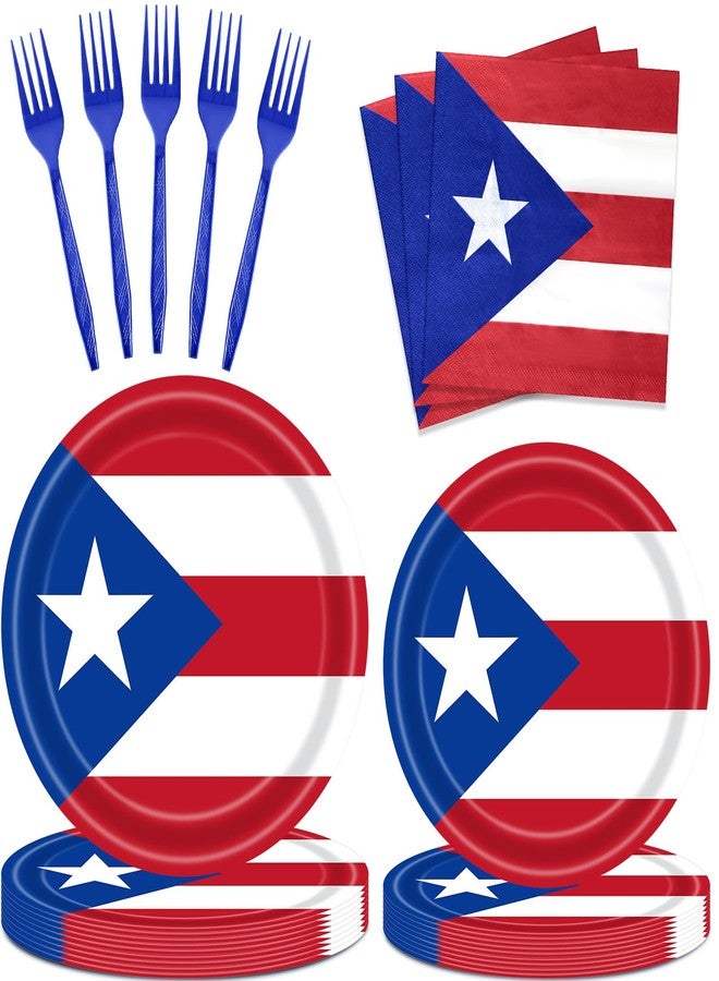 Geodurn 100 Pcs Puerto Rico Flag Party Supplies - Serves 25, Red White Blue Disposable Tableware, Includes Paper Plates, Napkins, and Plastic Forks for Puerto Rican Fiesta, National Day, Cultural Celebrations - Image 1